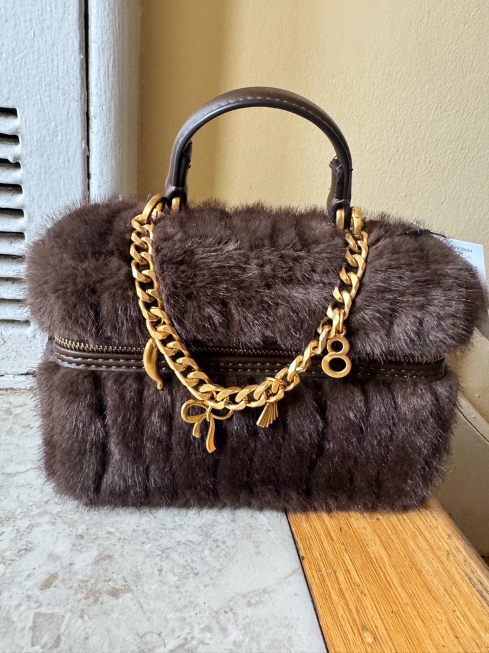 Zara Plush Faux Fur Brown Top-Handle Bag with Gold Chain